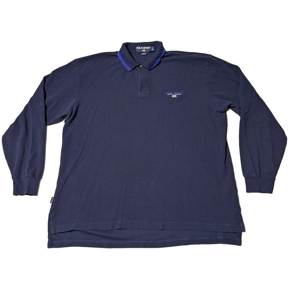 VTG POLO SPORT RALPH LAUREN Men XL Navy Cotton Long Sleeve USA FLAG Polo Shirt